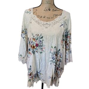 Solitaire Embroidered Floral Crochet Lace White Women's Tunic Top Plus Size 2X